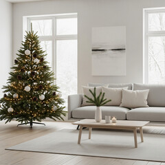 Modern living room decorated for Christmas with beautiful Christmas tree, warm lights, and cozy sofa.