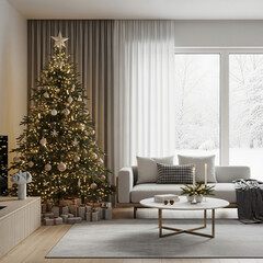 Modern living room decorated for Christmas with beautiful Christmas tree, warm lights, and cozy sofa.