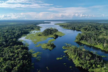 Aerial View of Amazon Rainforest River in Brazil with Lush Green Trees Blue Sky and Puffy White Clouds Under Bright Daylight