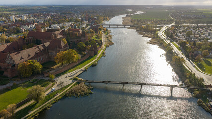 Aerial view of Malbork Castle on the Nogat River in northern Poland