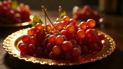 A pile of red grapes sitting on top of a gold plate.