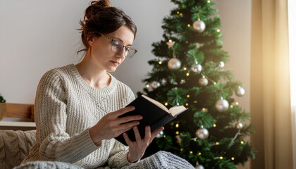 Woman reading beside a softly lit Christmas tree in a calm winter living room