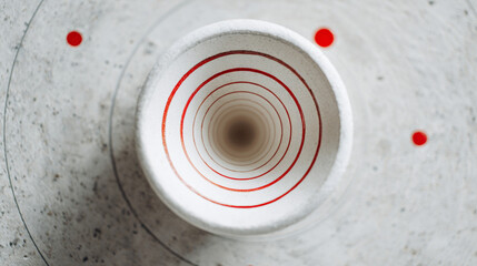 A bowl with red lines on a white background is shown in an overhead view, surrounded by small red dots
