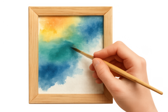 Hand painting abstract watercolor art in wooden frame, creating colorful artwork, hobby, creativity