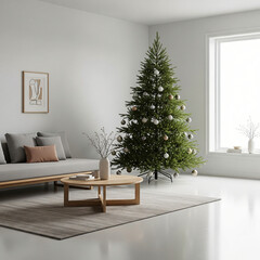 Modern living room decorated for Christmas with beautiful Christmas tree, warm lights, and cozy sofa.