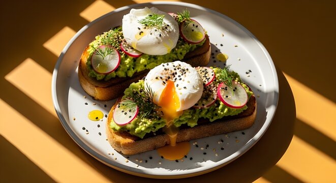 Delicious avocado toast with poached eggs, radish and dill for brunch or breakfast