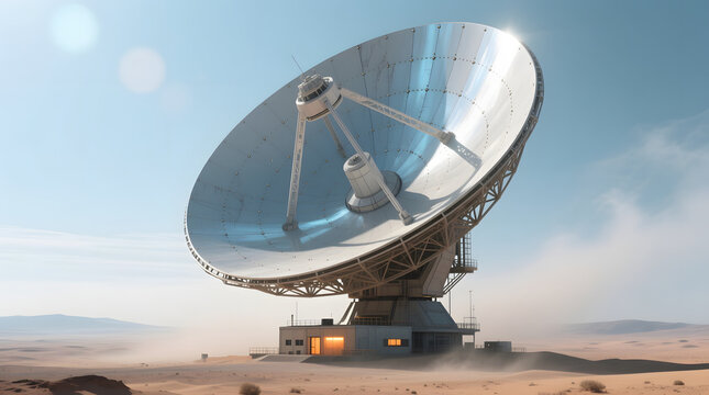 Massive parabolic satellite dish in arid desert landscape under clear sky