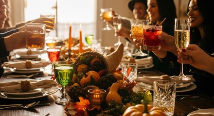 Group of people toasting at Thanksgiving dinner table, celebrating holiday with food, drink. Family gathering for autumn feast.