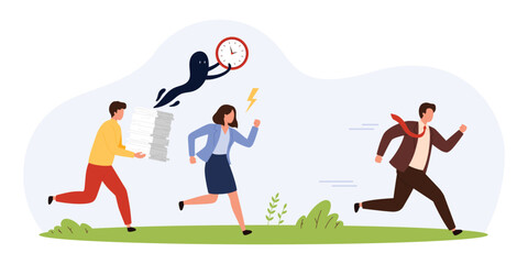 Overworked employees under pressure, chased by angry boss and time, symbolizing burnout, stress, and staff shortage in modern workplace isolated vector illustration