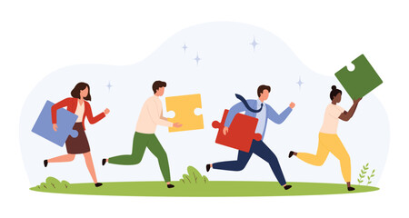 Business people running together holding colorful puzzle pieces symbolizing collaboration, problem solving, and achieving shared goals in a flat style isolated vector illustration