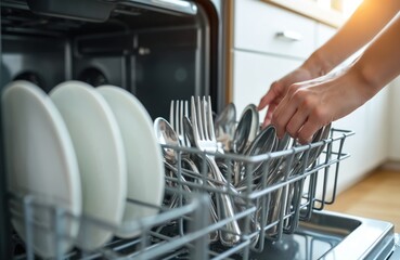 Female hands unload clean plates and cutlery from dishwasher. Household chore, kitchen appliance, domestic life. Easy dishwashing, clean crockery.