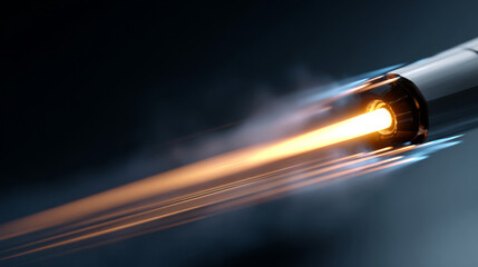 A rocket engine with a bright flame and blue streaks of light behind it, suggesting high speed or rapid motion