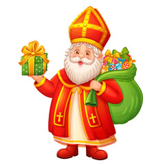 Happy Saint Nicholas holiday day. Cute St Nicholas Sinterklaas Christmas character hold children gifts bag, present box. Christian catholic religion Santa Claus with surprise. Xmas celebration. Vector