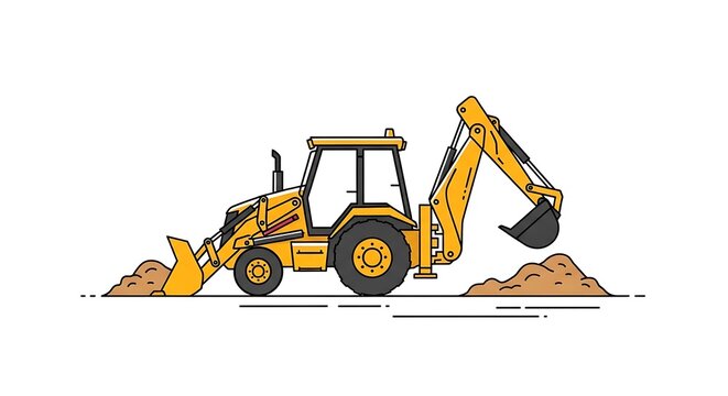 Yellow Backhoe Loader Digging Soil on a Construction Site.