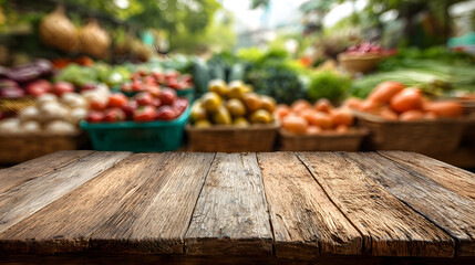 Empty wooden table with blurred background of fresh produce at a market