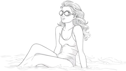 Cute Cartoon Girl in Swimsuit and Goggles Sitting on Towel at the Beach