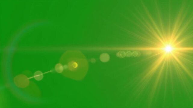 A realistic, glowing lens flare or sun effect on a green screen. This seamless, looping chroma key element is perfect for adding bright, natural light or a cinematic flare.