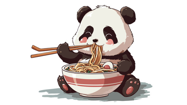 Cute Panda Eating Tasty Ramen Noodle Cartoon Vector Illustration