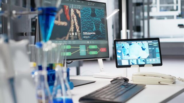 Close up of laboratory glassware filled with blue and yellow reagents arranged on research workspace shelf. Cylinders and flasks with chemical fluids used for experiments in lab, panning shot