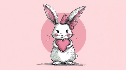Fototapeta premium A charming, sketched bunny with pink-lined ears, a bow, and rosy cheeks, cradles a heart against a pink circle backdrop. Soft, loving vibes