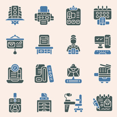 Business and office supplies icons representing modern professional work environment and technology, perfect for presentations and digital content