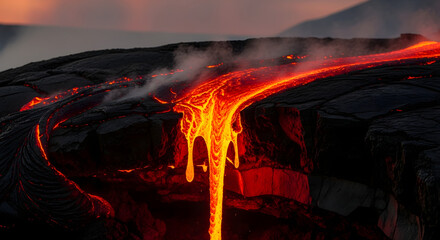 fiery molten lava stream flowing volcanic landscape