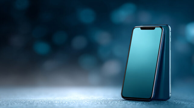 A sleek, modern smartphone with a large display and minimal bezels sits on a reflective surface against a blue bokeh background