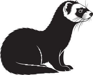 Black and white profile of a curious ferret sitting attentively with whiskers extended and alert ears