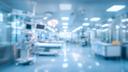 Fototapeta premium Blurred hospital corridor with medical equipment and beds