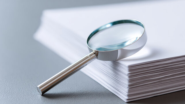 A magnifying glass is placed on top of a stack of papers, suggesting careful examination or research