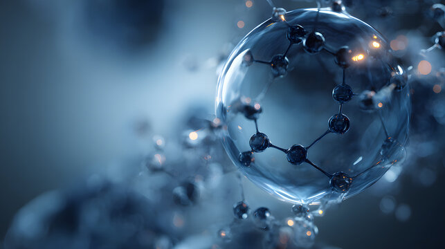 Abstract glowing sphere with molecular structure and particles in blue tones