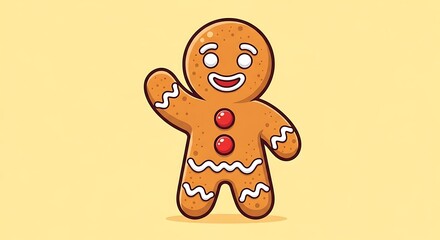 Cheerful Gingerbread Man Waving Hand Illustration on Yellow Background.