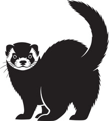 Adorable black silhouette of a ferret standing with tail up and curious eyes looking forward