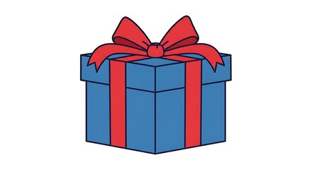 Blue Gift Box with Red Ribbon and Bow Illustration.