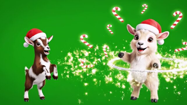 Animated goats in Santa hats with a hula hoop and sparkling effect on a green background