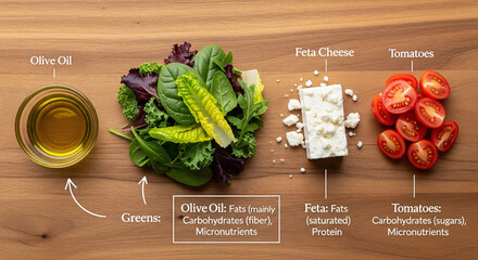 Analyze the macro-nutrient breakdown of a typical Mediterranean salad (olive oil, greens, feta, tomatoes).