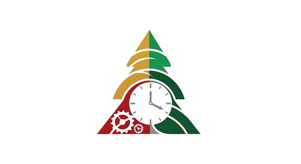Abstract triangular design with clock gear and nature elements.