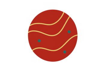 Red abstract planet icon with yellow curved lines and blue dots depicting a cosmic body or celestial sphere on transparent background
