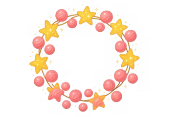 Sparkling stars and pink pearl decorations forming festive circular border frame on transparent background