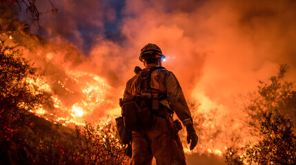 Naklejka premium Firefighter stands silhouetted against a raging wildfire at night