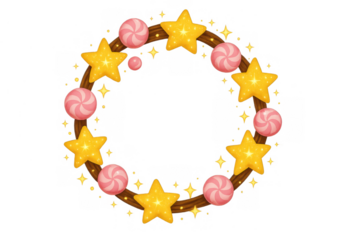 Festive celebration frame with shining stars and sweet striped candy on a transparent background