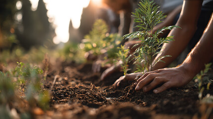 Fototapeta premium Hands planting a small green seedling in rich soil during golden hour sunlight
