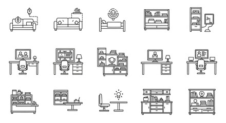 Fototapeta premium home office furniture set linear icons of interior design workspaces for promoting remote work virtual meetings in digital brochures