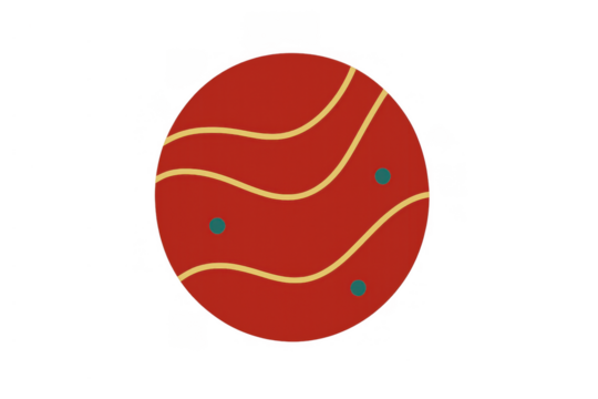 Red abstract planet icon with yellow curved lines and blue dots depicting a cosmic body or celestial sphere on transparent background