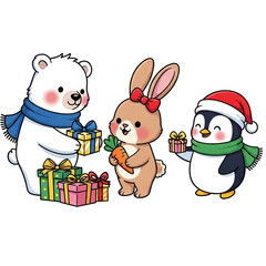 Cute cartoon polar bear rabbit and penguin celebrating a winter holiday with gifts.