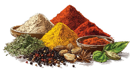 Assorted Spices and Condiments Poured in Piles Vector Illustration