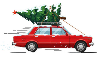 Red vintage car carrying a Christmas tree on the roof rack.