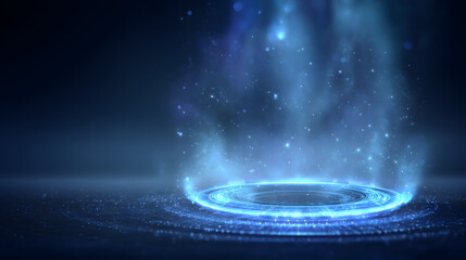 Futuristic blue energy portal with glowing light beams and particles