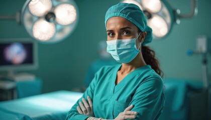 Indian woman surgeon stands confidently in modern operating room. Wears teal scrubs, mask, cap, gloves. Medical professional looks directly at camera. Hospital health care setting with bright surgery