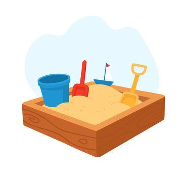 Playground sandbox filled with golden sand and colorful toys, sandbox inviting kids to dig, build, and imagine, sandbox representing creativity, sensory play, and joyful outdoor childhood exploration